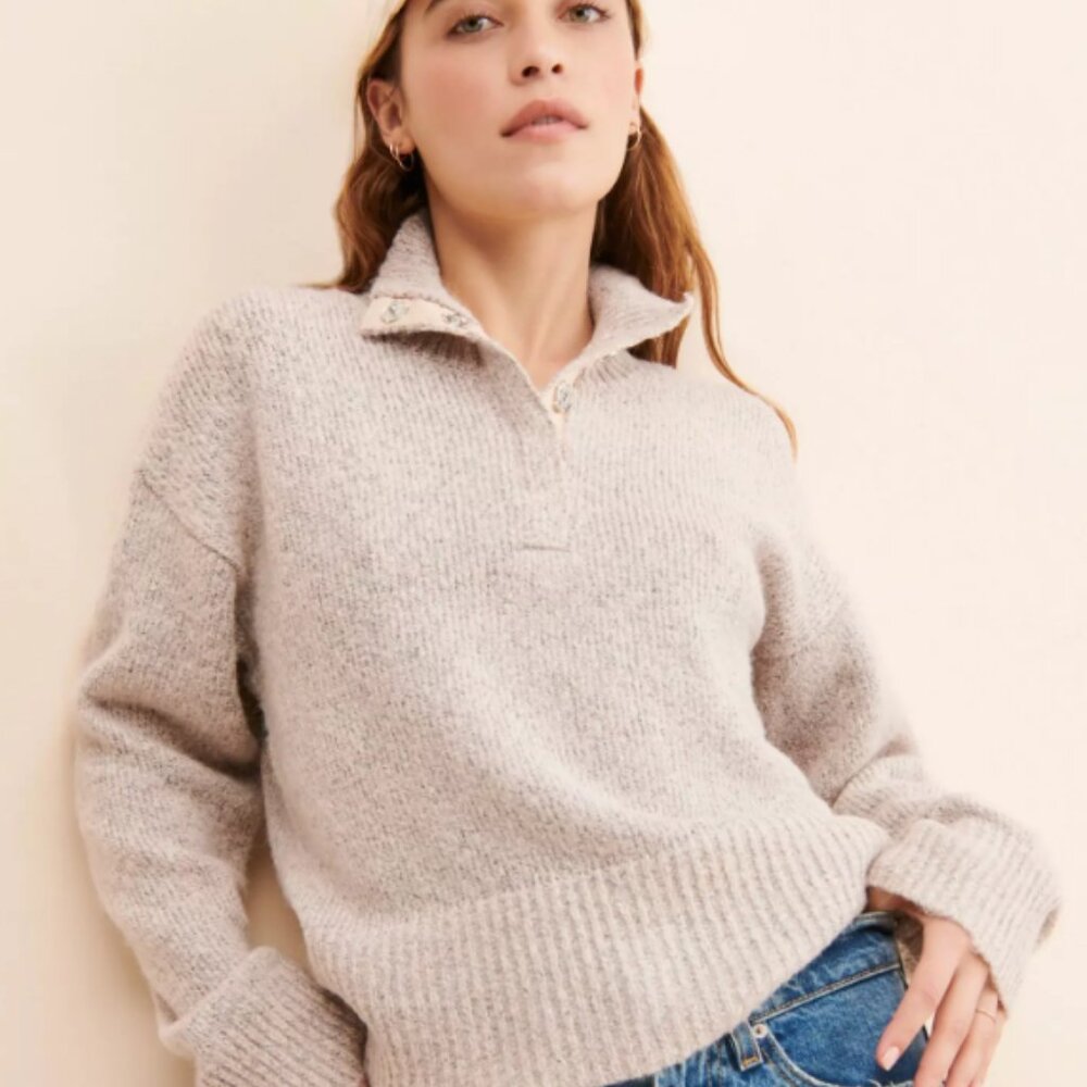 Anthropologie x 525 America Snap Front Henley Sweater - Oatmeal Color - Small